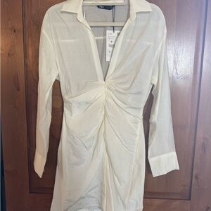 Zara Cream Twist-Front Long-Sleeve Dress